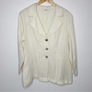 RIKI Ecru Cream Notched Collar 3 Button Medium Weight Peplum Linen Blouse